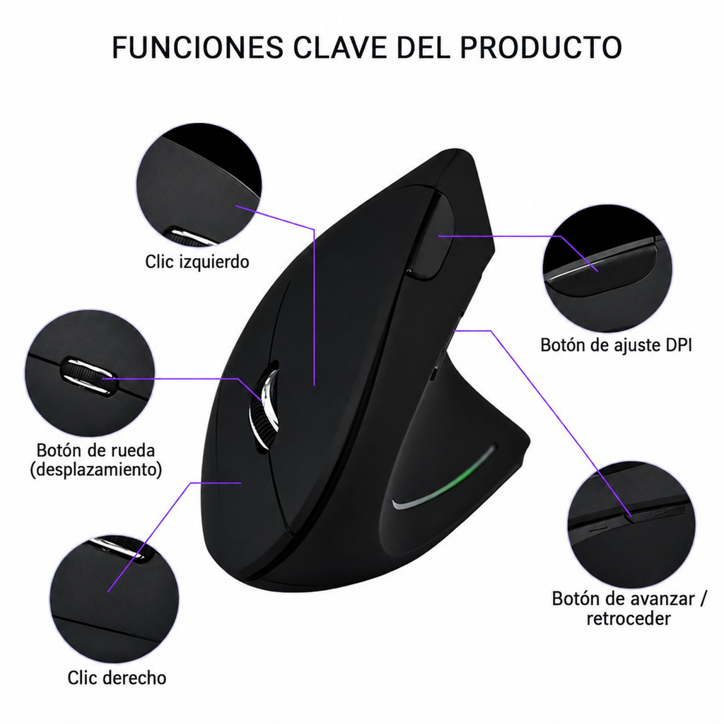 Ratón vertical ergonómico inalámbrico recargable